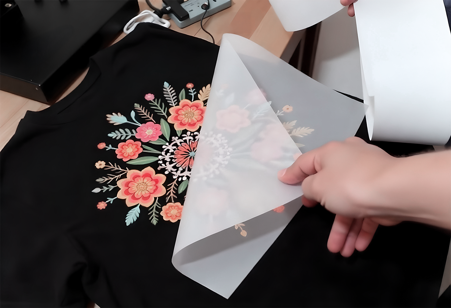 DTF (Direct to Film) transfer being peeled off to reveal a colorful floral print on a black T-shirt