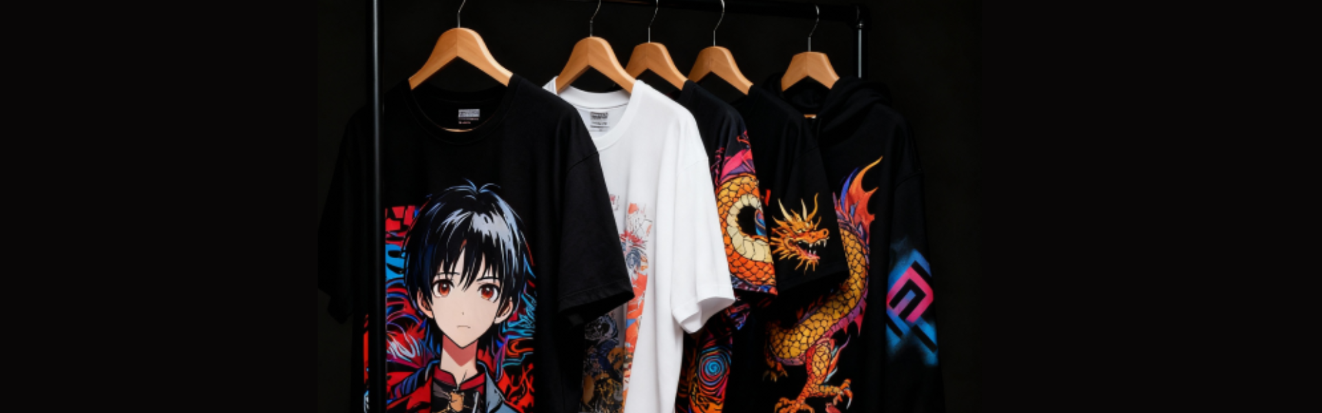 Custom printed t-shirts and hoodies hanging on a rack – print-on-demand wholesale fashion