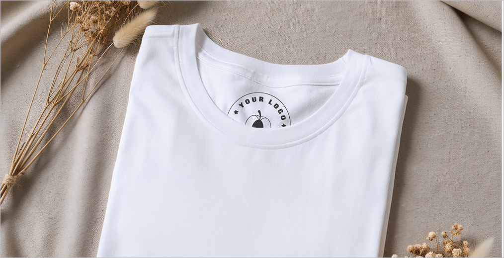custom printed necktag on a white t-shirt