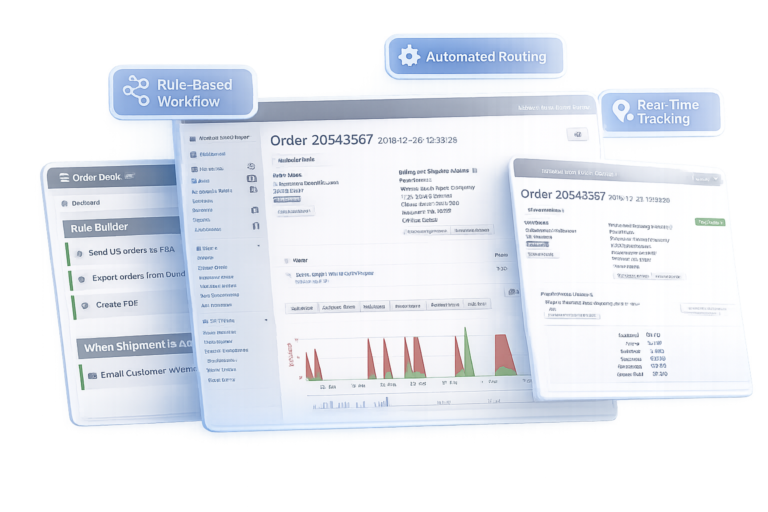 Order Desk interface screens illustrating print-on-demand order management