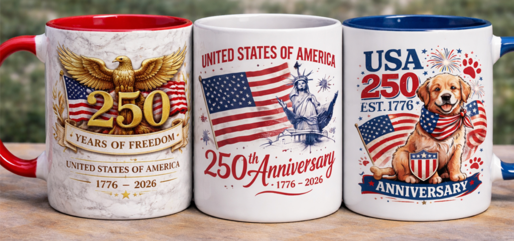 Three mugs with patriotic designs