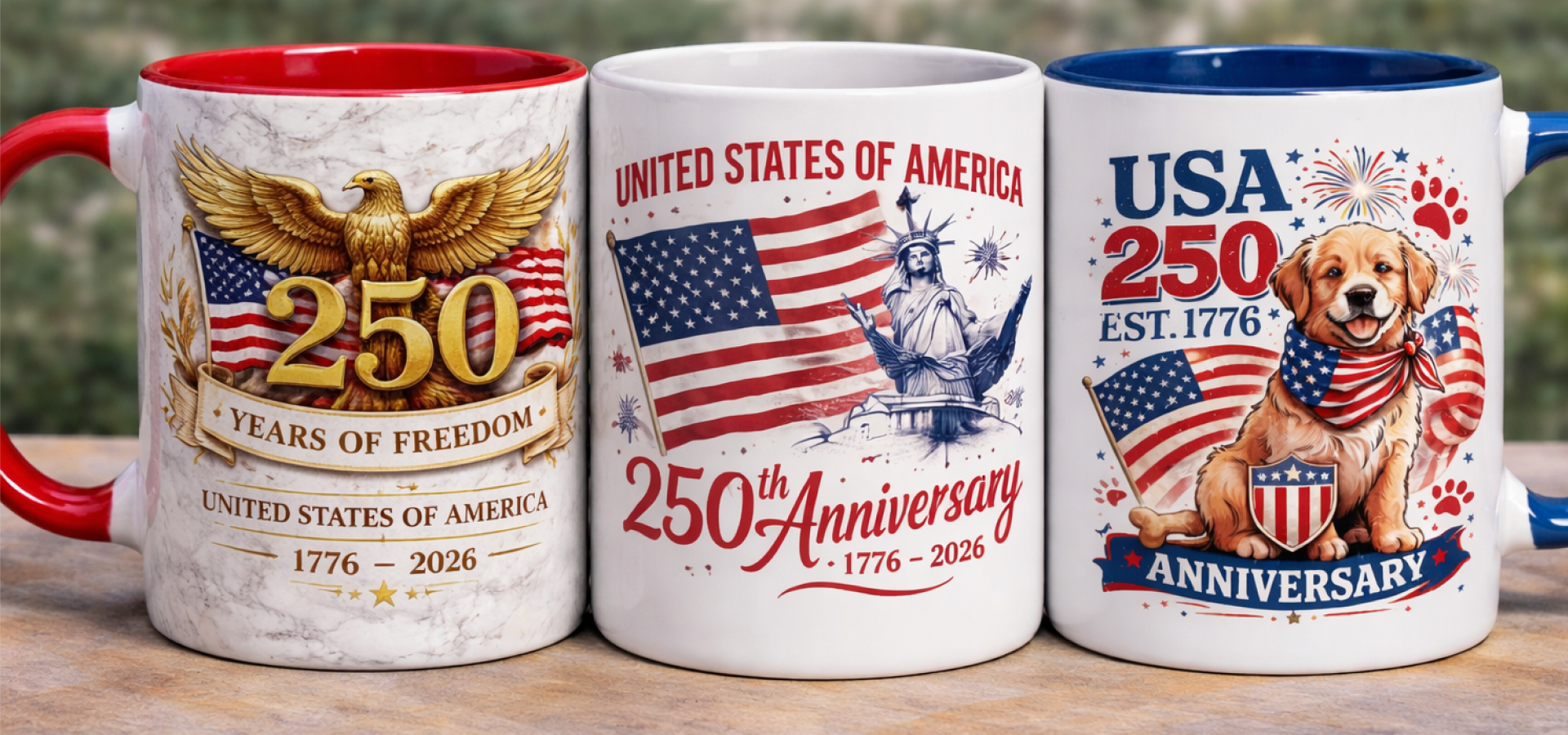 Three mugs with patriotic designs