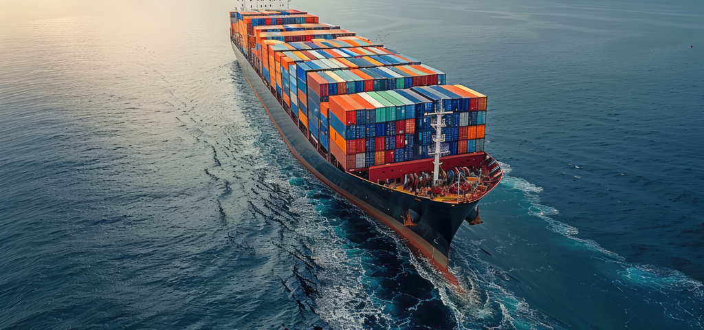 Cargo ship with colorful shipping containers on open sea at sunset