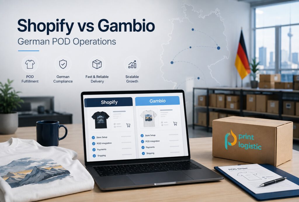 Shopify and Gambio comparison for German POD operations, fulfillment workflows, product data and ecommerce platform readiness