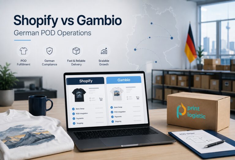 Shopify and Gambio comparison for German POD operations, fulfillment workflows, product data and ecommerce platform readiness