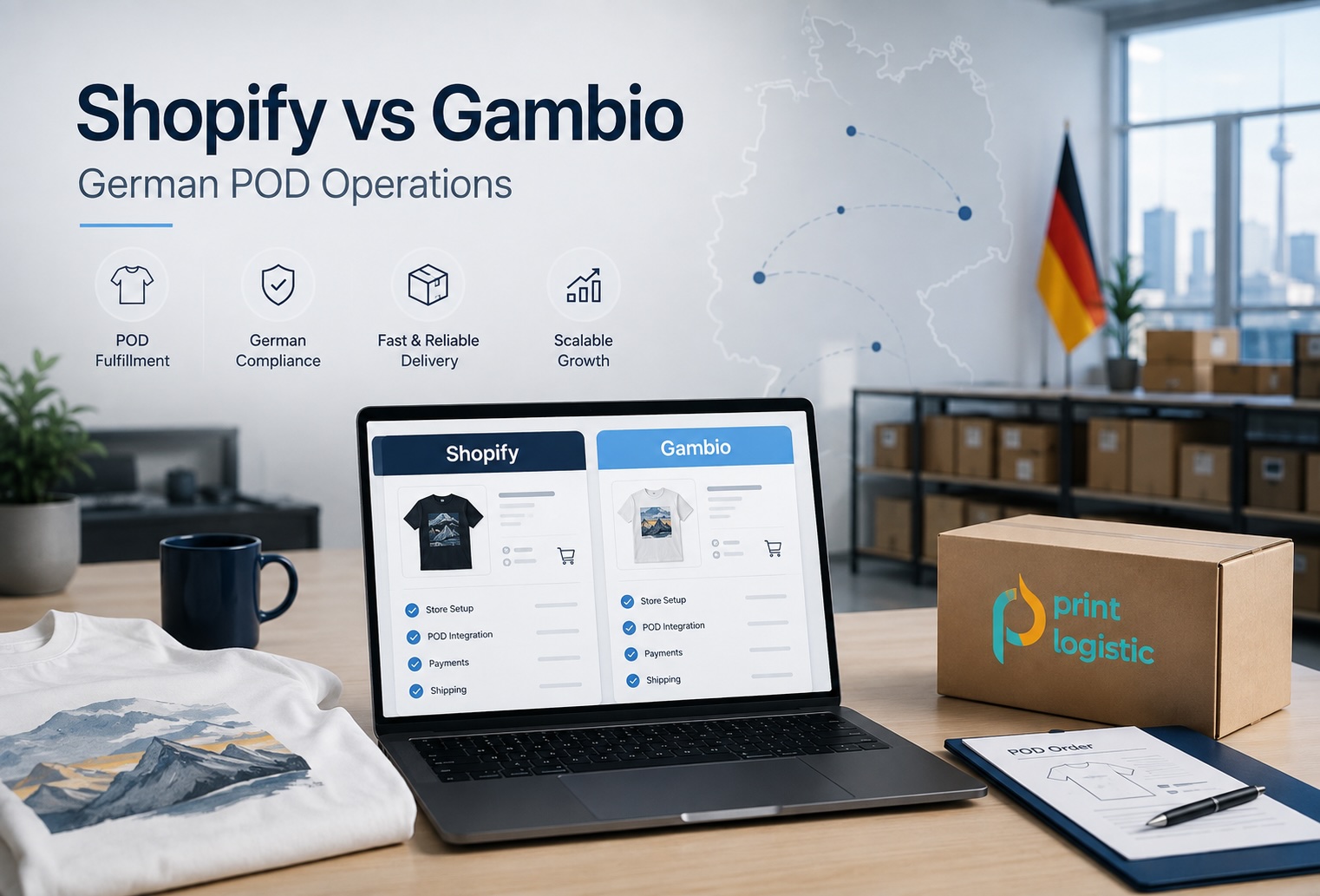 Shopify and Gambio comparison for German POD operations, fulfillment workflows, product data and ecommerce platform readiness