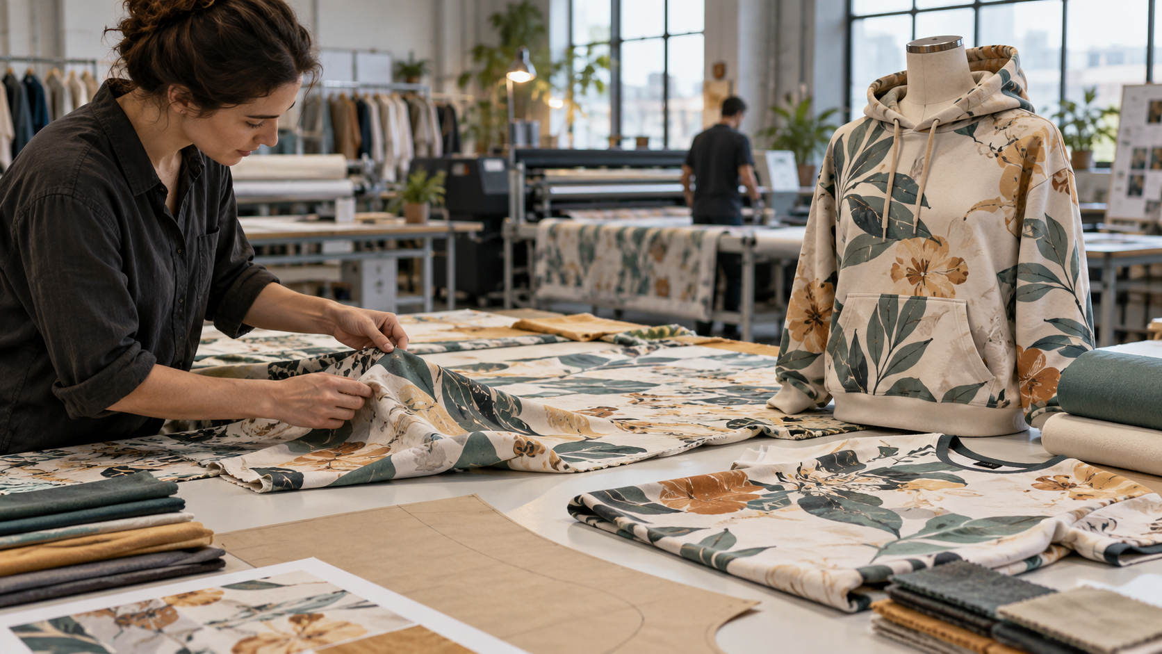 Illustrative view of printed fabric being checked beside an all-over-print hoodie