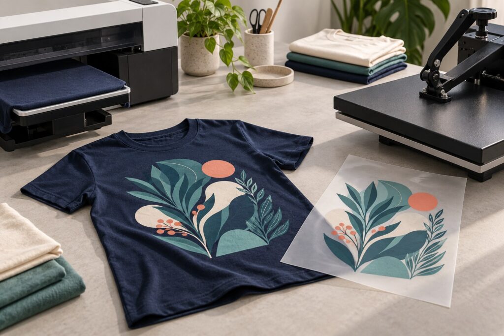 Editorial illustration of a printed T-shirt, transfer film and two garment decoration workflows.