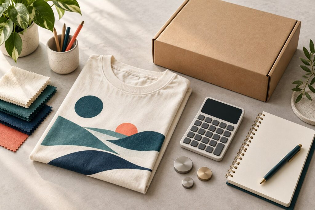 Editorial illustration of a printed T-shirt, shipping box, calculator and cost-planning notebook.