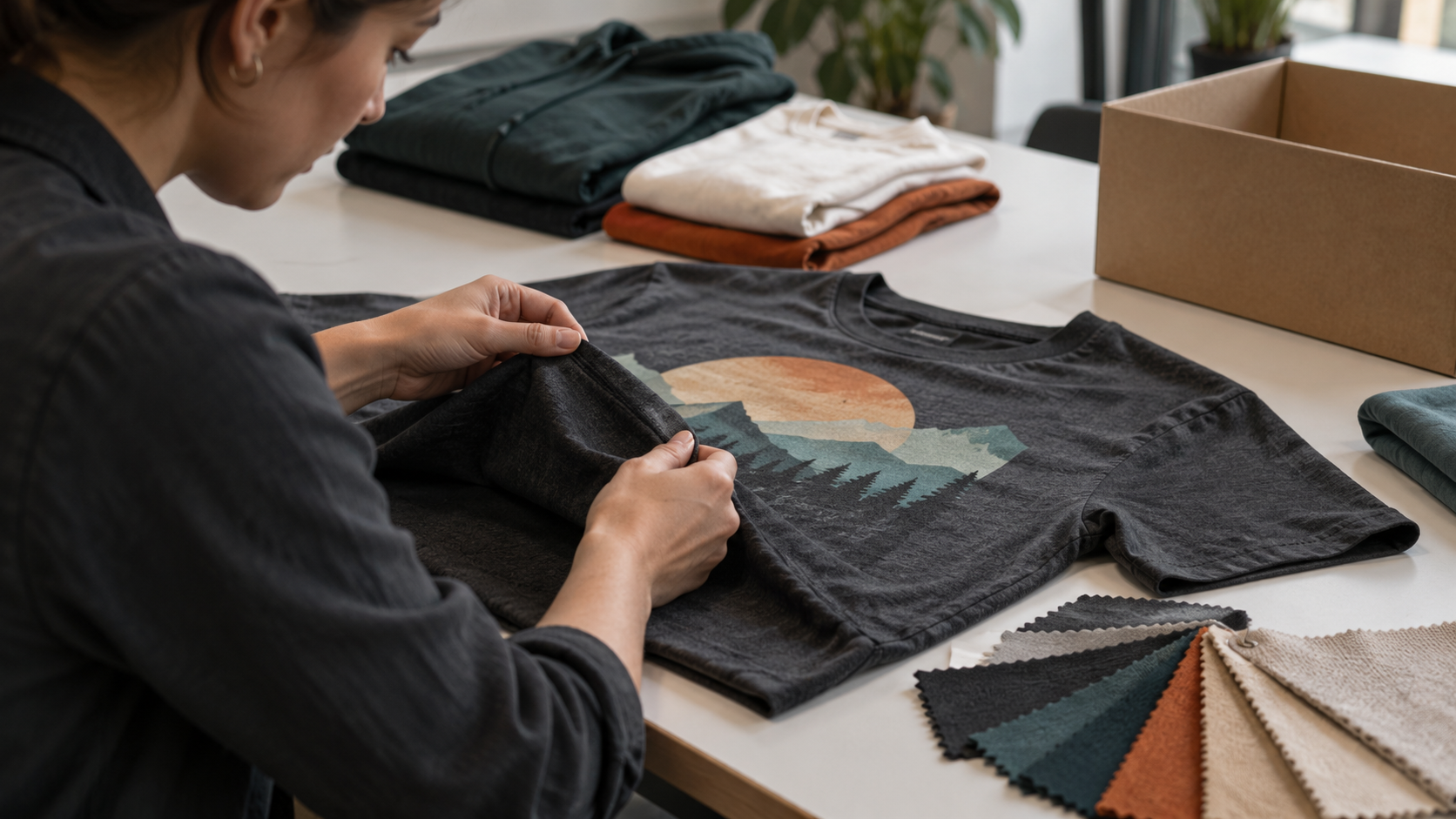 Illustrative inspection of a printed T-shirt sample and fabric swatches