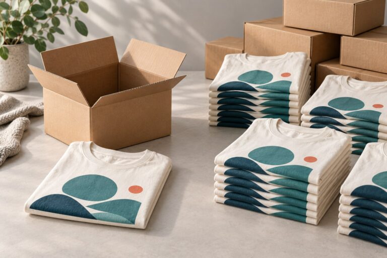 Editorial illustration comparing one packed T-shirt order with planned stacks of matching garments and cartons.