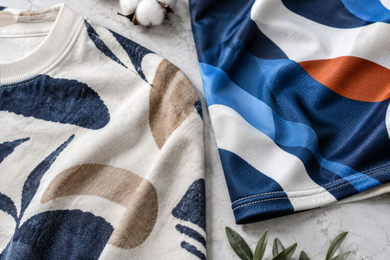 Cotton-rich and polyester printed fabric samples with contrasting all-over patterns
