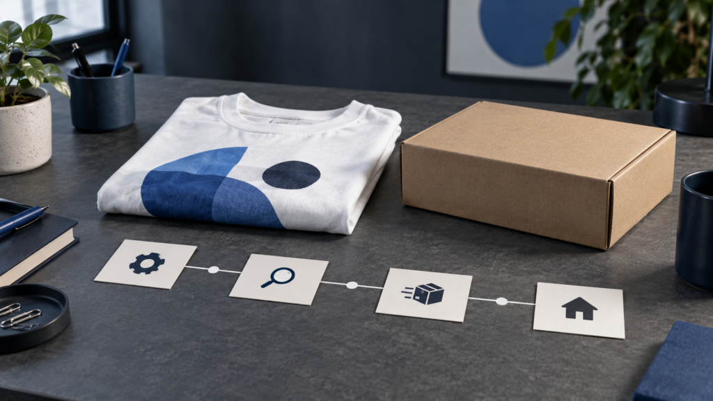 Printed T-shirt and shipping box beside a simple production-to-delivery timeline