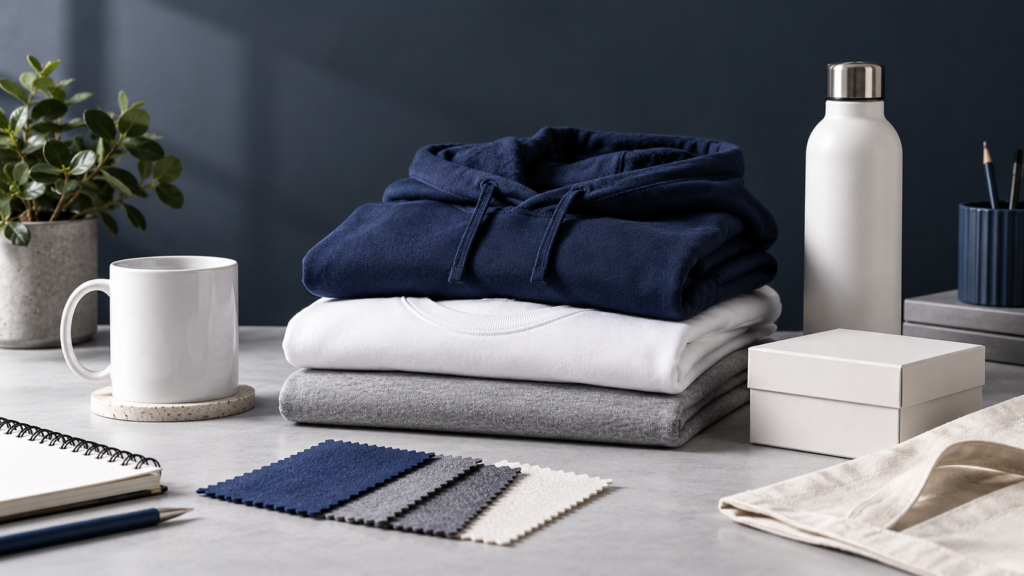Unbranded apparel, mug, gift box and fabric swatches arranged for a UK print-on-demand product review