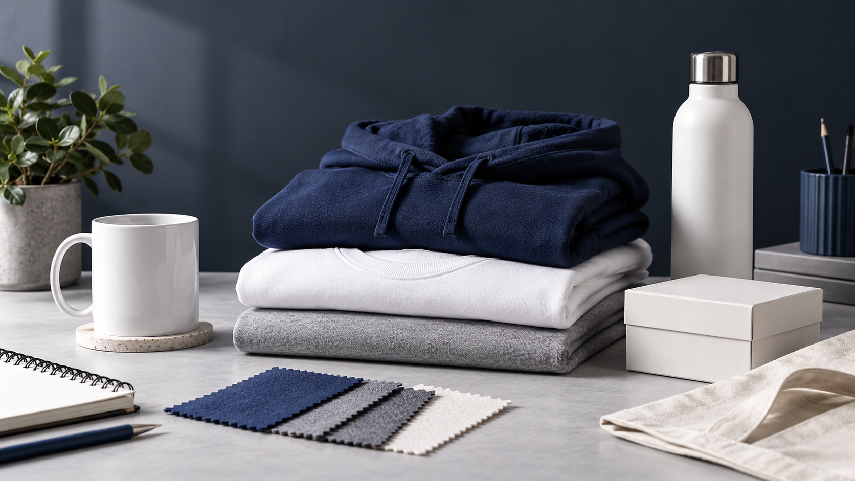 Unbranded apparel, mug, gift box and fabric swatches arranged for a UK print-on-demand product review