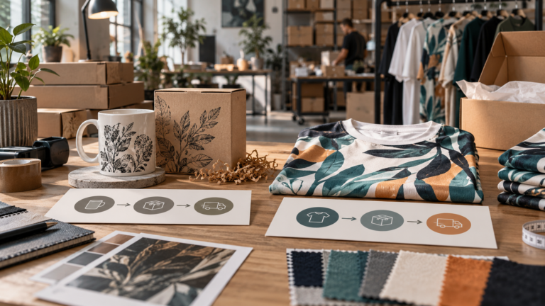 Illustrative planning table with a printed mug, apparel sample, packaging and fabric swatches