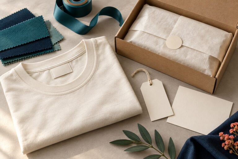 Editorial illustration of an unbranded garment label, folded T-shirt, blank insert card and kraft packaging.